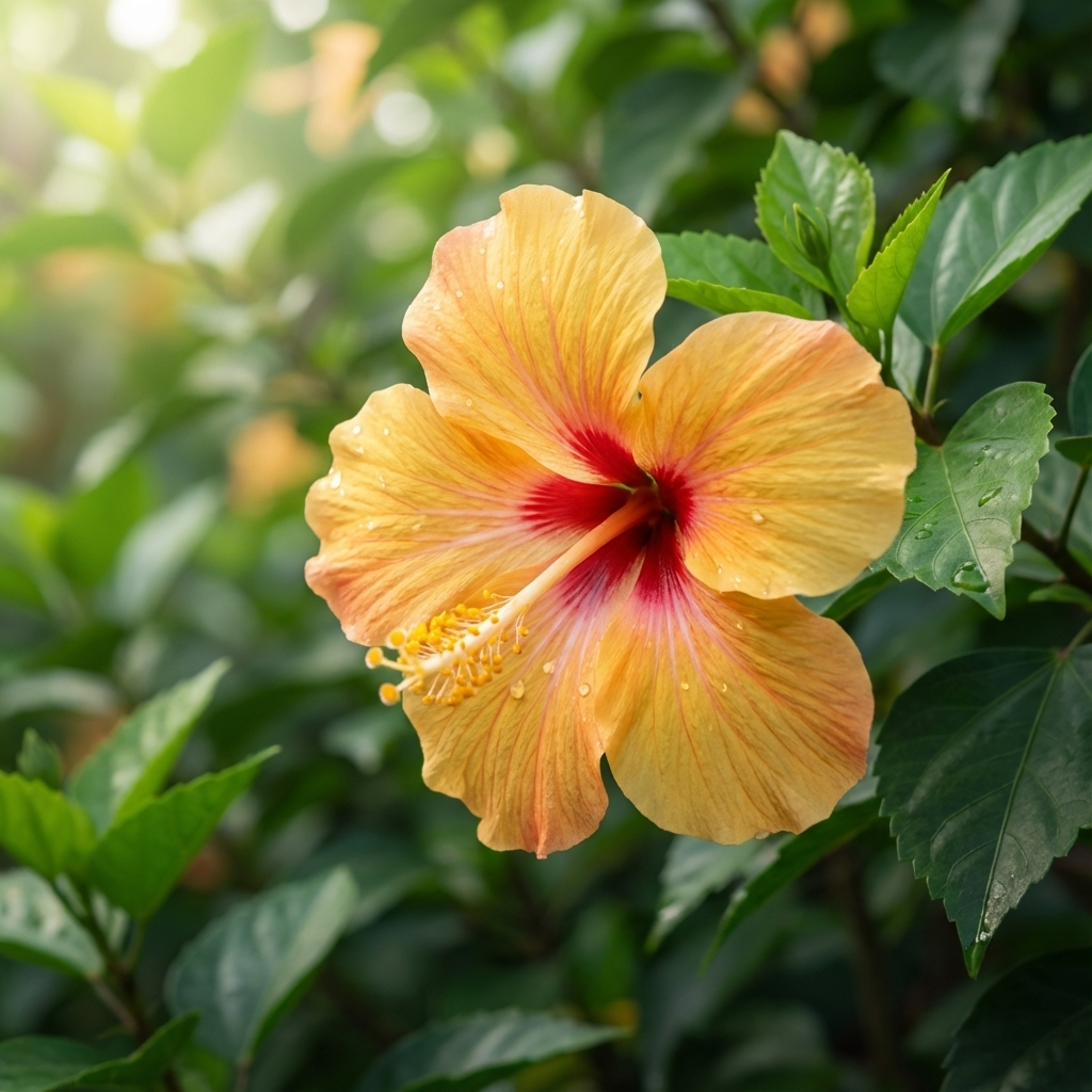 Close-up of Popsicle Hibiscus (Hibiscus Lollipops x Hibiscus brucei 'Popsicle'): a yellow flower with a red center, accented by green leaves in sunlight—a striking tropical bloom.