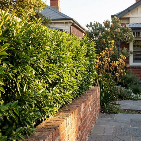 A lush Portuguese Laurel (Prunus lusitanica) hedge lines a red brick wall, providing attractive privacy for the garden and house with a stylish green backdrop along the paved path.
