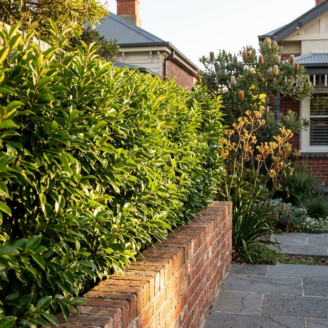 A lush Portuguese Laurel (Prunus lusitanica) hedge lines a red brick wall, providing attractive privacy for the garden and house with a stylish green backdrop along the paved path.