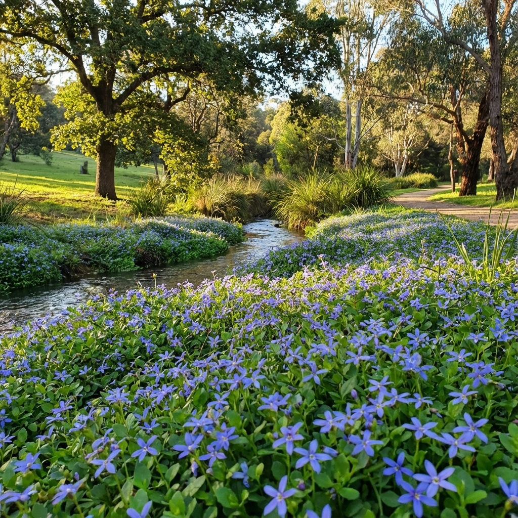 A stream flows through a field of purple flowers and Country Park Blue Star Creeper (Pratia pedunculata ‘Country Park’), with trees and grass in the background on a sunny day.