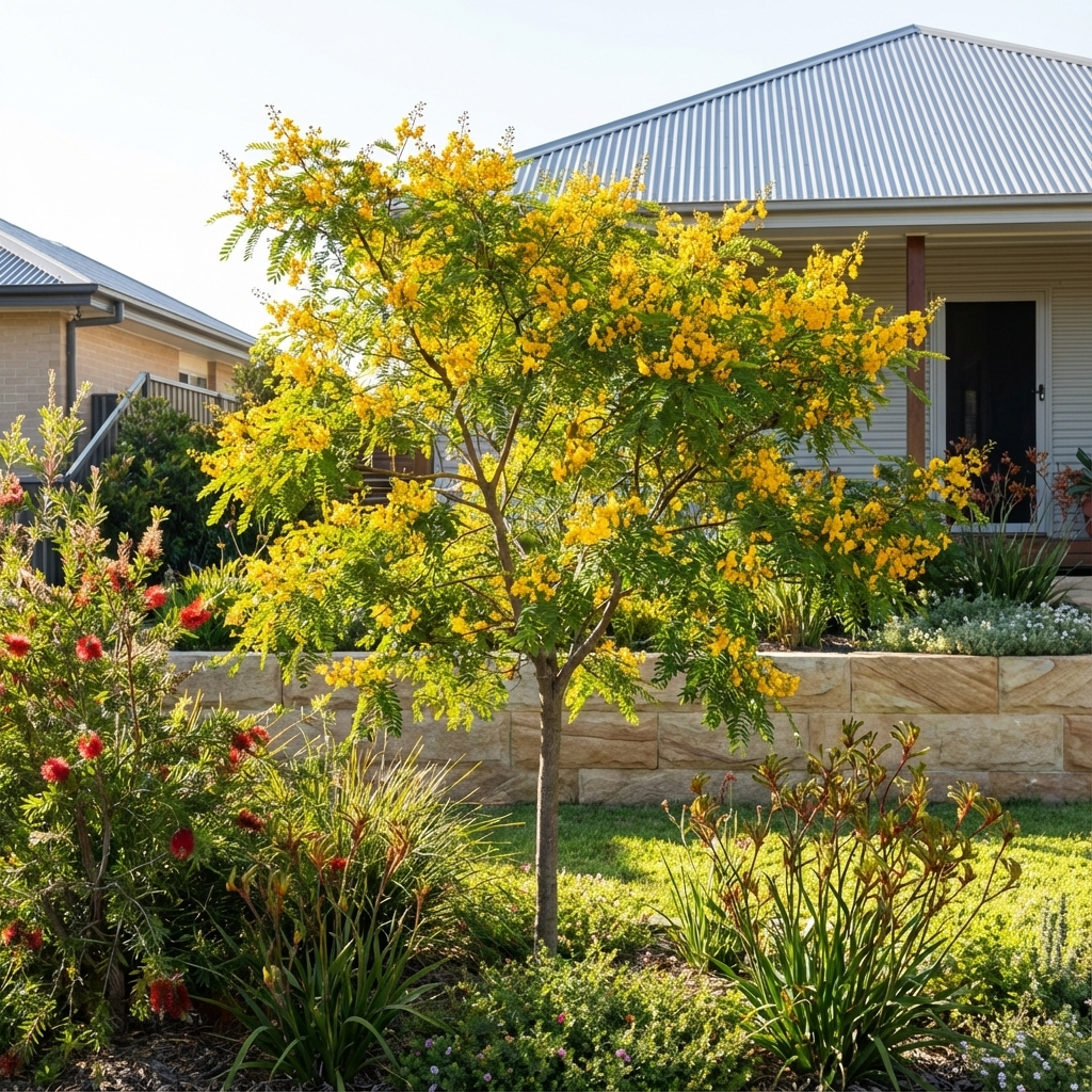 A small Pride of Bolivia - Tipuana tipu tree with golden-yellow flowers adds color to a sunny front yard garden, with a house visible in the background.