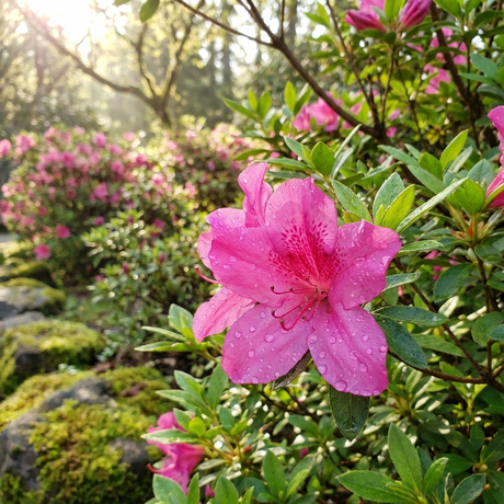 Close-up of Azalea indica 'Pride of Dorking'—a pink Pride of Dorking Azalea flower with water droplets glistening in a sunlit garden, highlighting the delicate beauty and shade tolerance of this stunning variety.