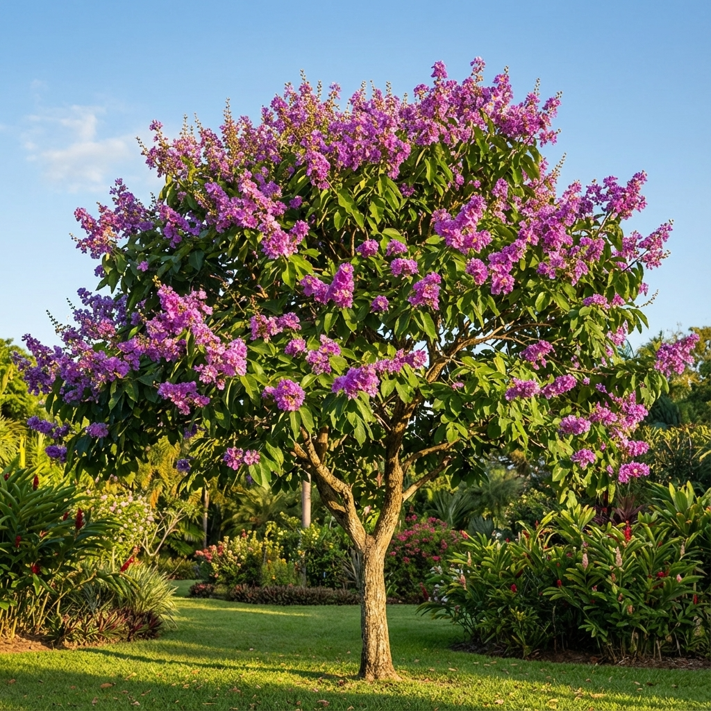 A Pride of India - Lagerstroemia speciosa tree with vivid purple blossoms stands in a sunlit garden, surrounded by lush green plants and grass.
