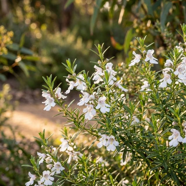 White flowers and green leaves of the Poorinda Ballerina Mint Bush (Prostanthera ‘Poorinda Ballerina’), an Australian native with aromatic foliage, shine in sunlight against a blurred natural backdrop.