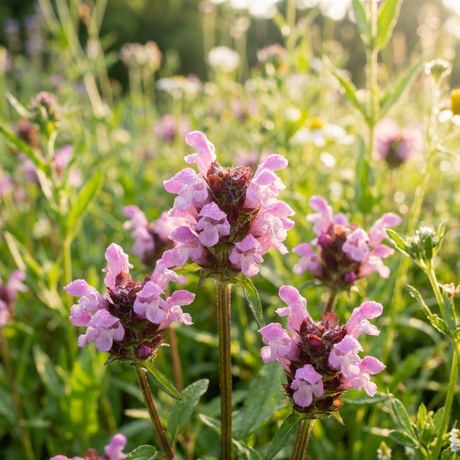 Pink Loveliness Selfheal (Prunella grandiflora ‘Pink Loveliness’) features charming pink blooms as ground cover amid green grass and plants, all lit by gentle sunlight.