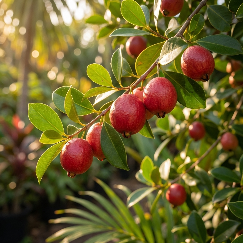 Strawberry Guava (Psidium cattleyanum) fruits grow on an evergreen branch in a sunlit home garden, surrounded by lush green foliage.