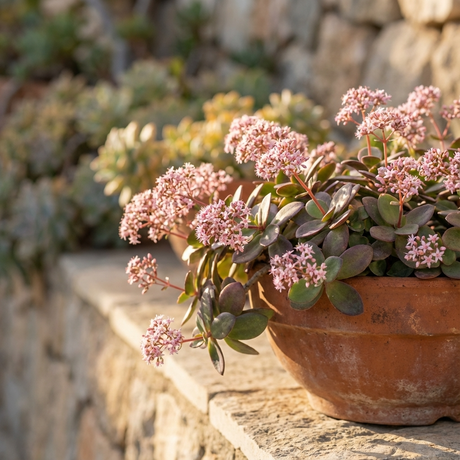 A terracotta pot with blooming Purple Dragon Fairy Crassula (Crassula multicava 'Purple Dragon') sits on a sunlit stone ledge, showcasing shade-tolerant pink succulent flowers.