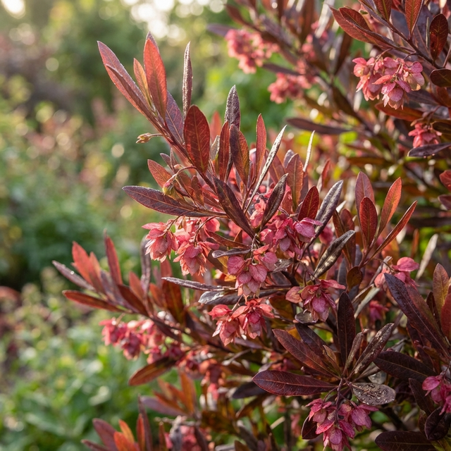 Purple Hop Bush - Dodonaea viscosa purpurea is a burgundy-leaved Australian native shrub that features clusters of small pink flowers amid lush green foliage.