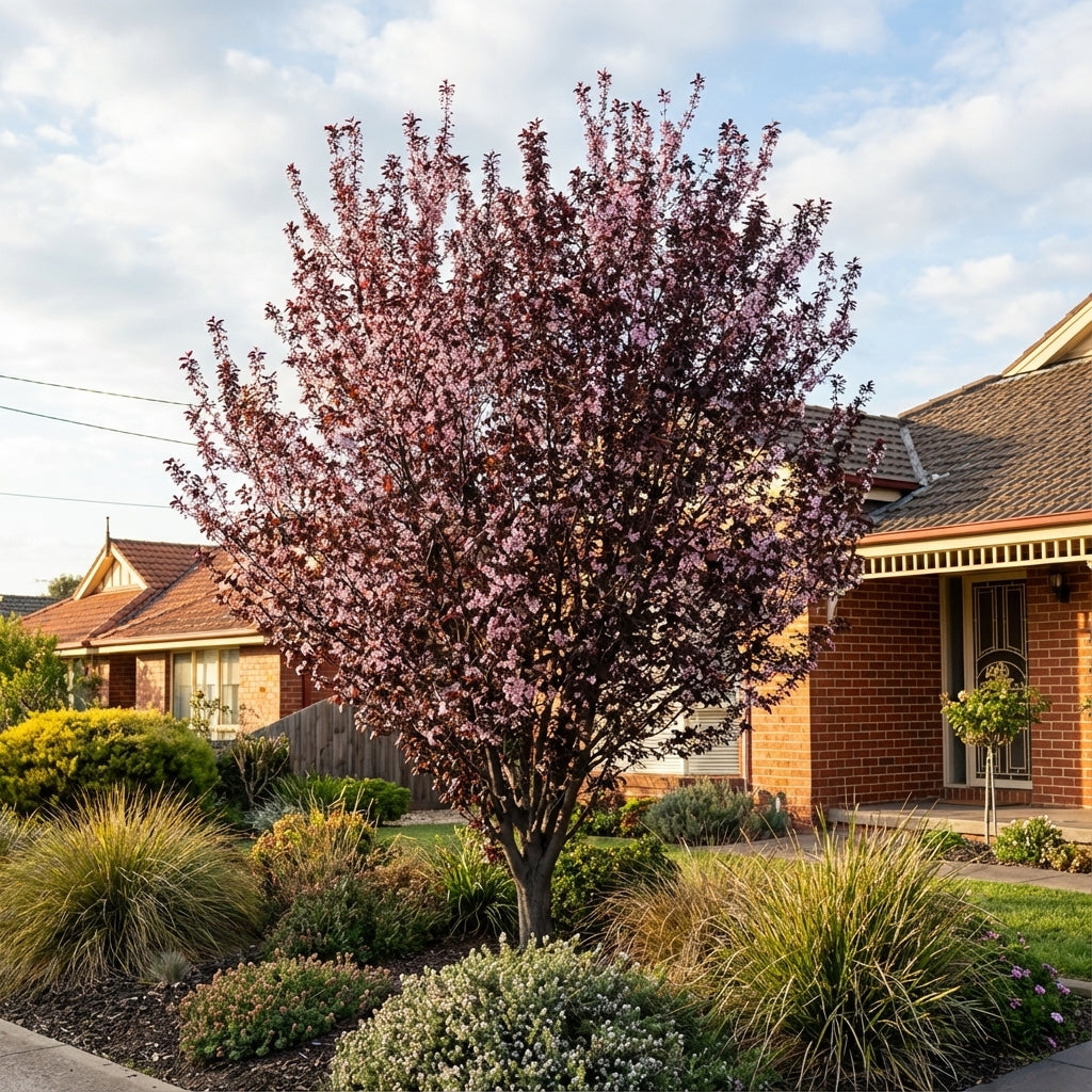 A Prunus cerasifera ‘Nigra’ (Purple Leaf Flowering Plum) with bold burgundy leaves stands in a landscaped front yard, bordered by shrubs and grasses near a brick house.
