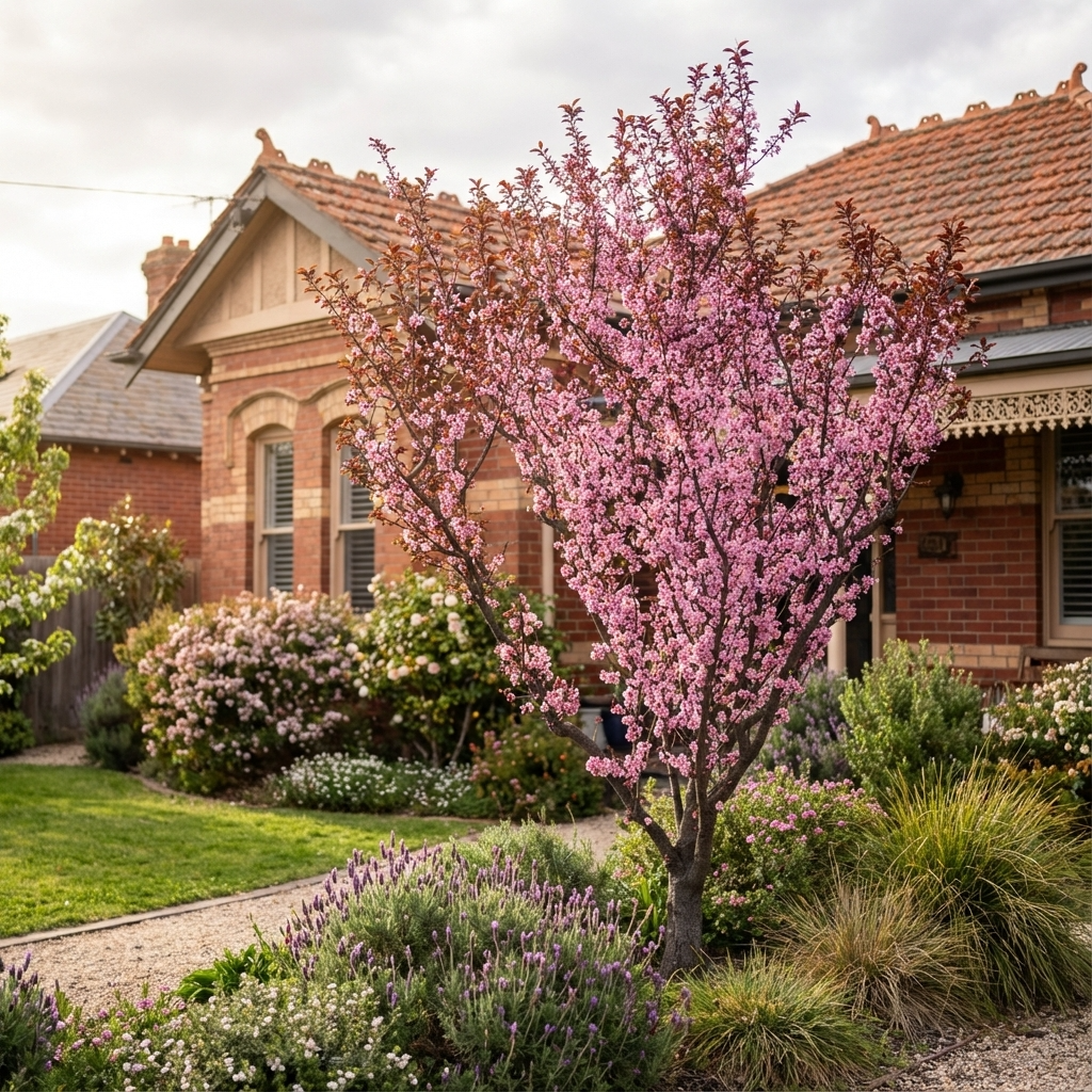 A well-kept garden outside a brick house features a Purple Leaf Plum (Prunus x blireana), a small ornamental tree with pink blossoms and striking purple foliage.