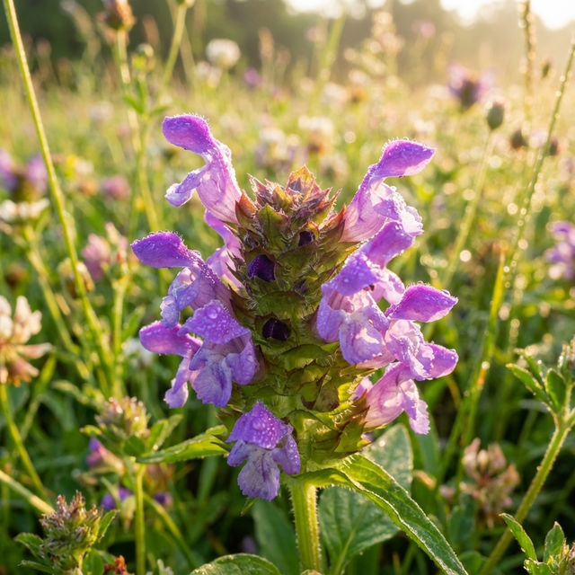 Close-up of Purple Loveliness Selfheal (Prunella grandiflora ‘Purple Loveliness’) with dewdrops in a sunlit meadow, highlighting its vibrant purple blooms and ground cover appeal.