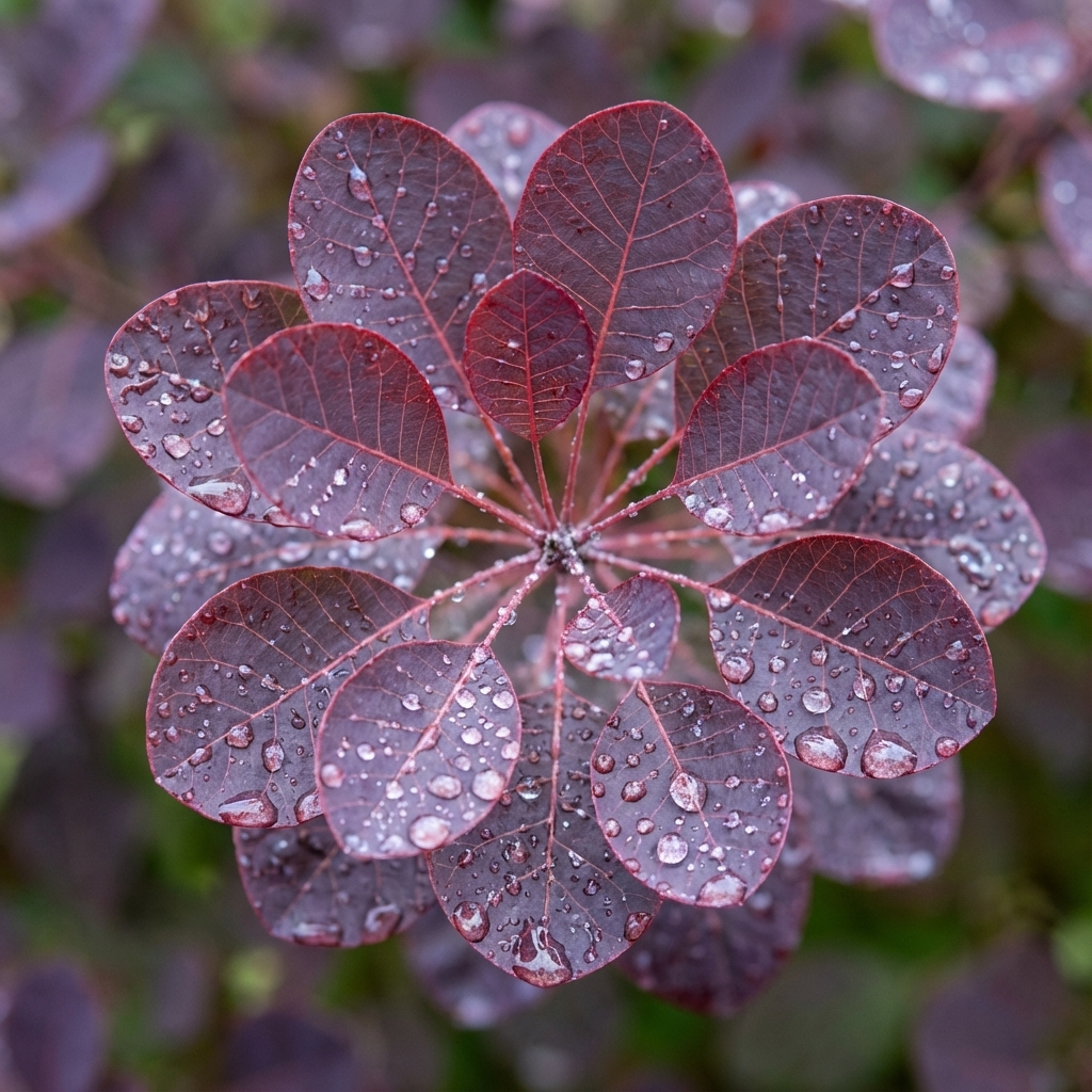 The deep purple foliage of Purple Smoke Bush - Cotinus coggygria 'Atropurpureus' forms a circular display, each leaf shimmering with water droplets after rainfall.