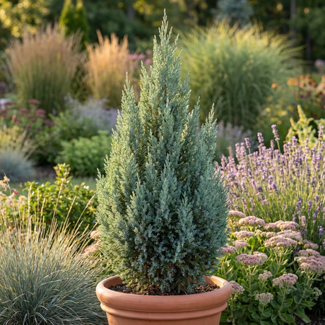 A potted Pyramidalis Juniper - Juniperus chinensis 'Pyramidalis' adds year-round beauty and natural privacy screening to a sunny garden, complementing ornamental grasses and flowering plants.