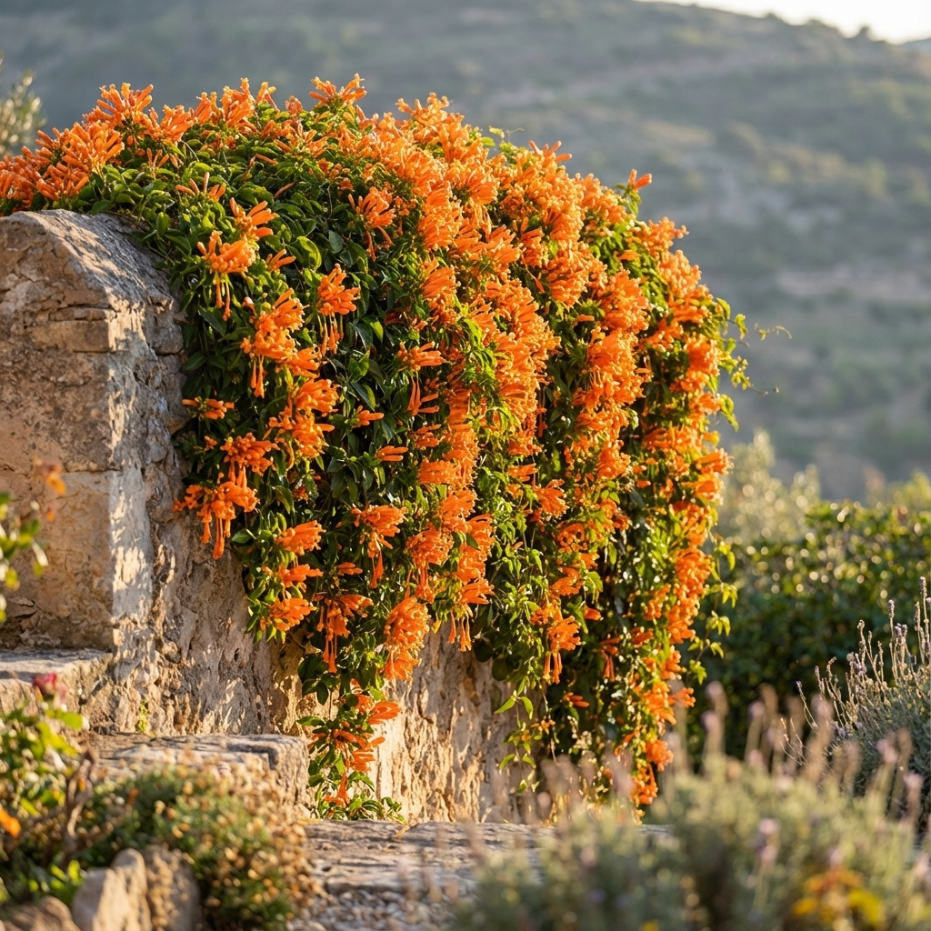 Orange Trumpet Vine (Pyrostegia venusta) produces vibrant orange flowers that cascade beautifully, ideal for screening and adding color. This fast-growing climber looks stunning against fences or walls, with lush green hills as a backdrop.