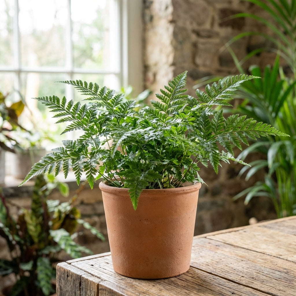 The Rabbits Foot Fern - Humata tyermannii, in a terracotta pot on a wooden table by a sunny window, is an ideal low-maintenance houseplant for bright indoor spaces.