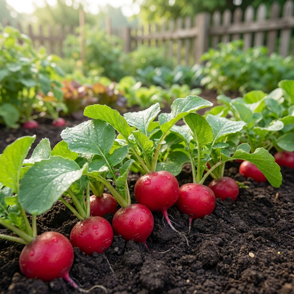 Radish Raphael F1 (Raphanus sativus) is a fast-growing variety with lush green leaves, thriving in dark garden soil, perfectly suited for garden beds framed by a wooden fence.
