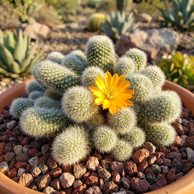The Rebutia Cactus (Rebutia fabrisii aureiflora) is a compact cactus, perfect for sunny outdoor spots, featuring spiky stems and a single bright yellow flower in bloom.