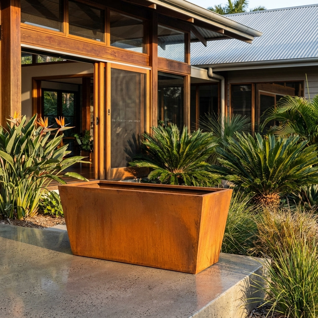 Rectangle Taper Planter in a rust-look finish is displayed on a patio with vibrant greenery, complementing the modern wood-framed house. Various sizes available.