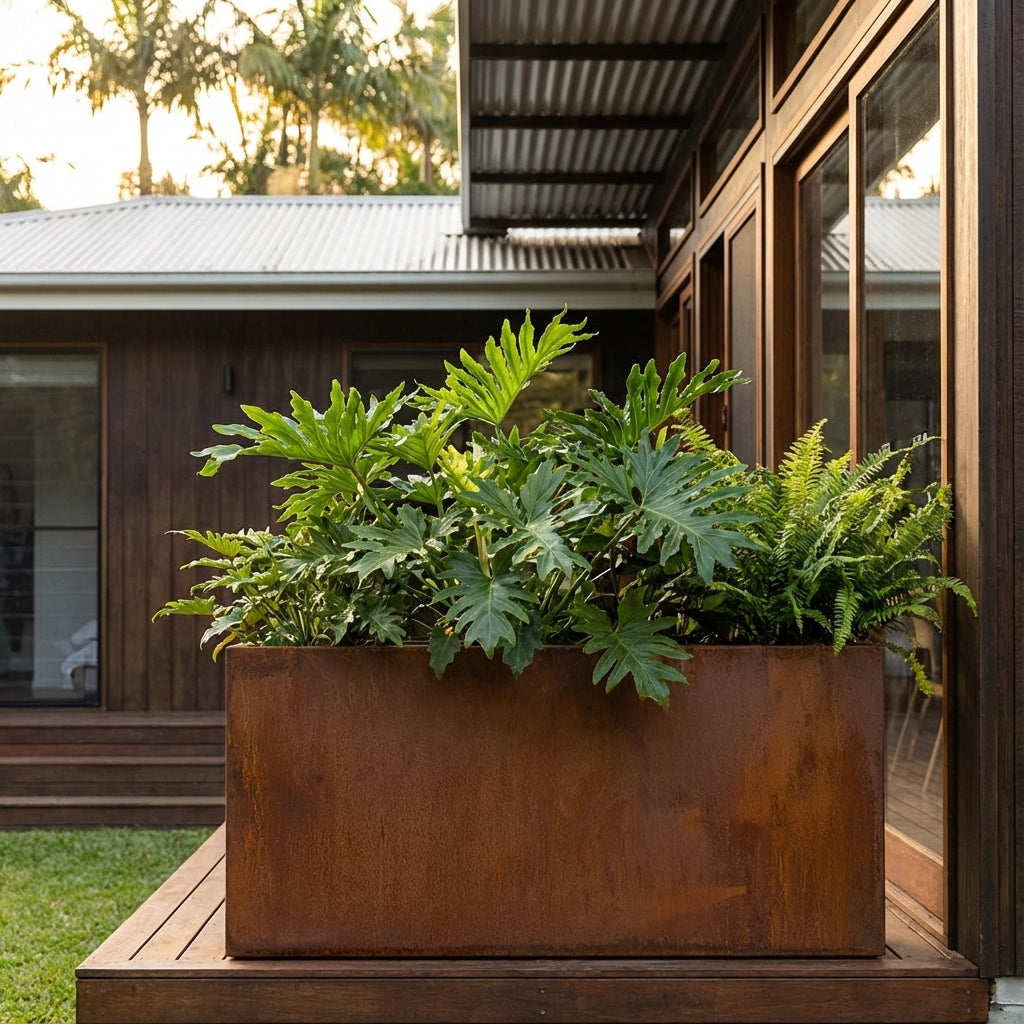 A Rectangle Taper Planter with lush green tropical plants sits on a wooden deck beside a modern house. Various sizes available.