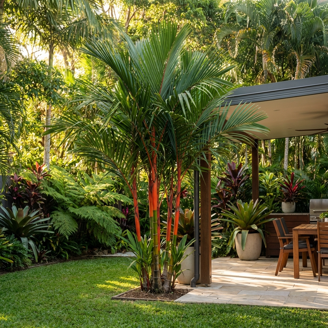 A lush garden with exotic Red Areca Palm (Areca vestiaria 'Red Form') beside a covered patio featuring outdoor dining furniture.