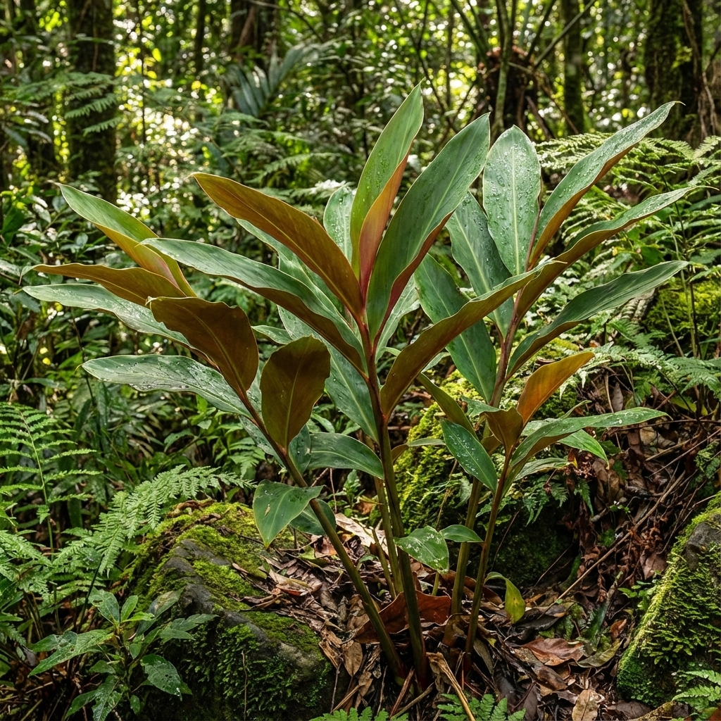 Red Back Ginger (Alpinia caerulea) is a green leafy Australian native with reddish stems. This edible, shade-loving plant thrives among moss and ferns, adding vibrant color to the forest floor.