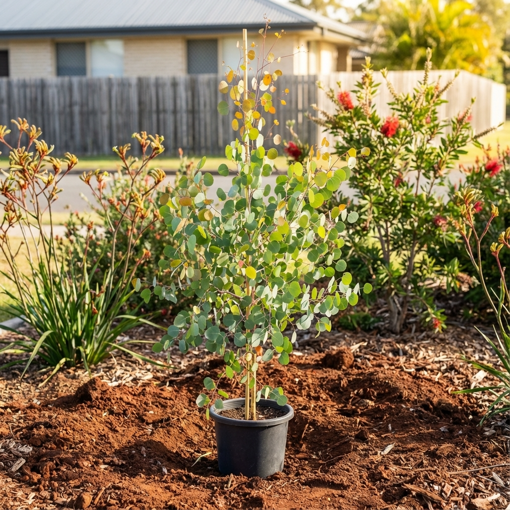 Red Box (Eucalyptus polyanthemos) in a black pot with silver-blue foliage sits on garden soil, surrounded by shrubs and a house in the background.