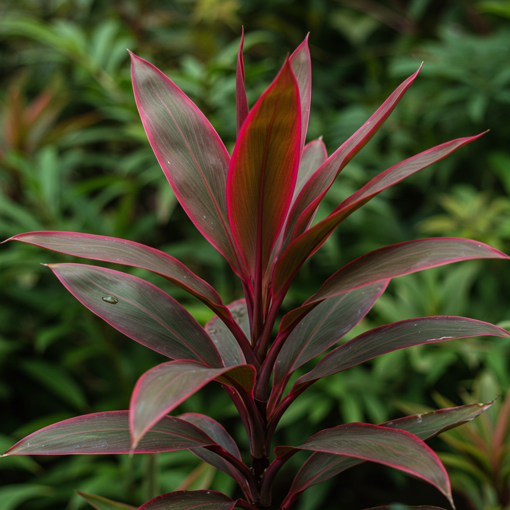 The Red Edge Cordyline - Cordyline fruticosa 'Red Edge' is a low maintenance tropical plant featuring long, pointed green leaves with striking red edges, shown against a softly blurred leafy background.