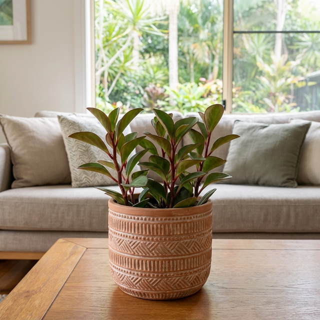 The low-maintenance Red Edge Peperomia (Peperomia clusiifolia 'Red Edge') in a pot rests on a wooden coffee table before a sofa, with a window showcasing lush greenery outside.