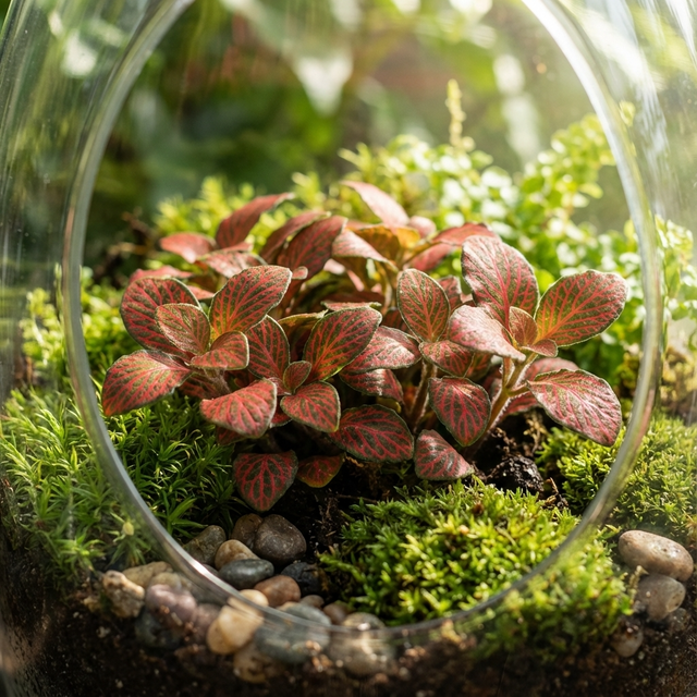 The Red Flame Nerve Plant - Fittonia 'Red Flame' comes in a glass terrarium with moss, soil, and pebbles. Its vibrant red leaves stand out among lush greenery, creating a striking houseplant display.