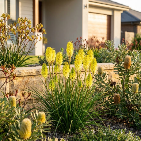 Lemon-yellow flower spikes of Red Hot Poker - Kniphofia ‘Poco Citron’, a compact perennial, add vibrant color to the green foliage in the landscaped garden outside this modern home.