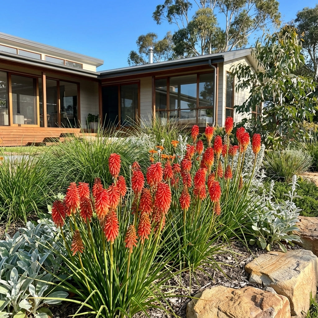 Red Hot Poker - Kniphofia ‘Poco Red’, a compact perennial, and lush green plants flourish in a landscaped garden in front of a modern house.