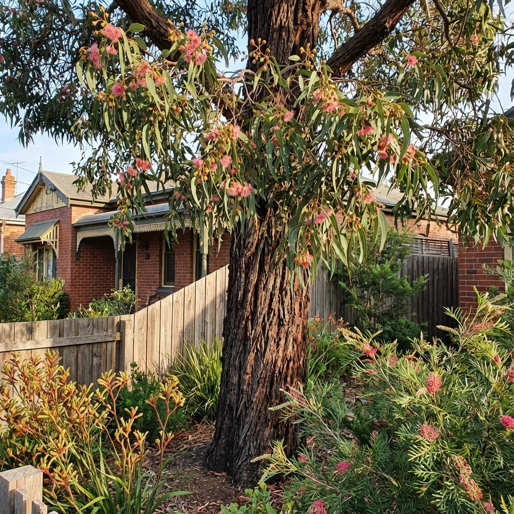 A Red Ironbark - Eucalyptus tricarpa shows off its pink blooms in a garden outside a brick house.