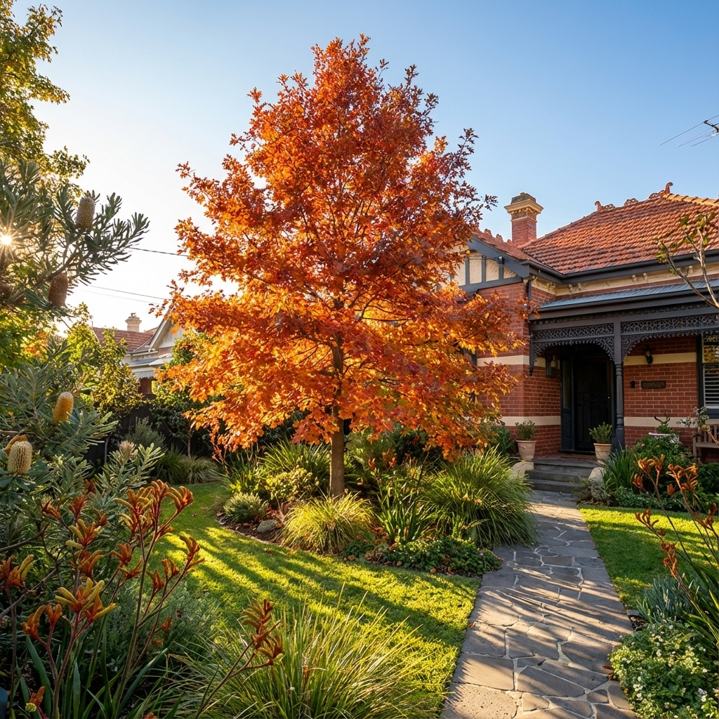 A vibrant Red Oak (Quercus rubra) in a sunny front yard outside a brick house with a stone path, offering rich autumn color perfect for a classic shade tree.