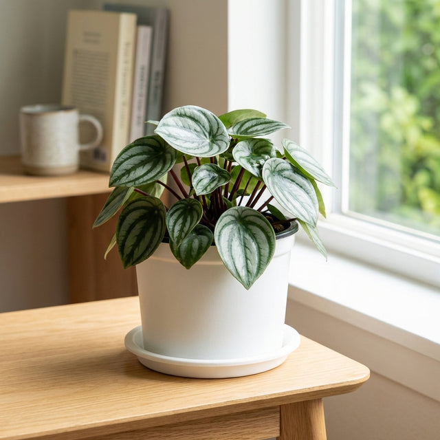 Red Watermelon Peperomia - Peperomia turboensis Red Watermelon, a low-maintenance indoor plant with round, striped leaves, sits on a wooden table near a window with books and a mug arranged behind.