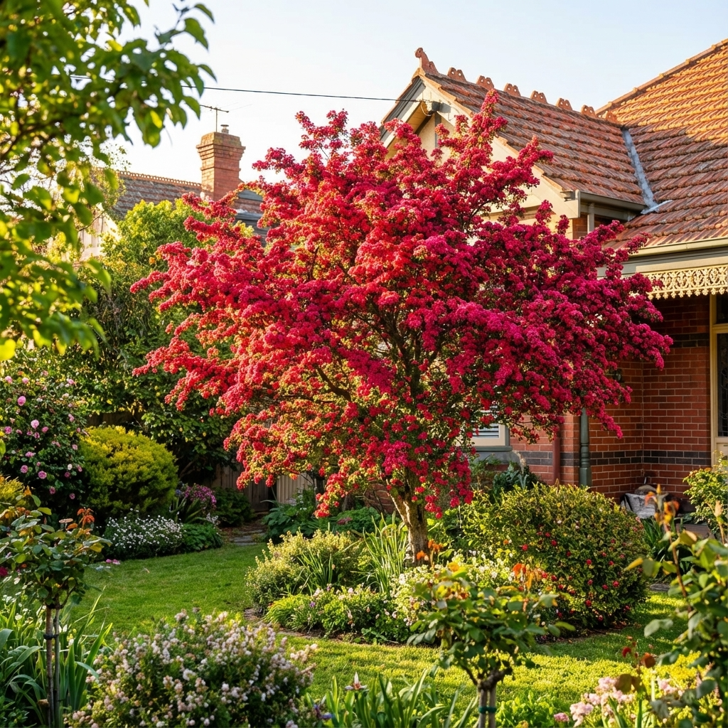 A Red Flowering Hawthorn - Crataegus laevigata ‘Paul’s Scarlet’ blooms vibrantly as an ornamental tree in a lush garden before a brick house on a sunny day.