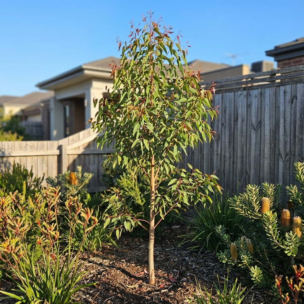 A young Red Spotted Gum - Eucalyptus mannifera ‘Maculosa’, an Australian native tree, grows in a suburban garden with green plants and a wooden fence.