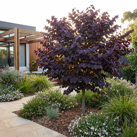 The Redbud (Cercis canadensis ‘Merlot’), a small ornamental tree with burgundy foliage, stands out among flowering bushes and stone paths in a landscaped garden.