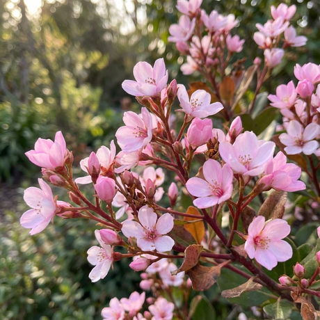 Clusters of small, pink flowers bloom on a branch of the low-maintenance evergreen shrub Rhaphiolepis ‘Springtime’, with green foliage in the background.