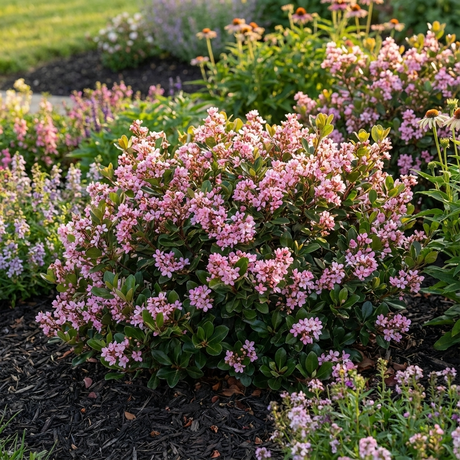 Rhaphiolepis ‘Cosmic Pink’ is a low-maintenance, evergreen shrub that features clusters of small pink flowers, making it ideal for mulched garden beds with companion plants.