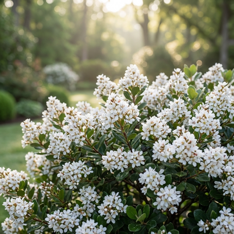 Rhaphiolepis ‘Cosmic White’ is a low-maintenance evergreen shrub with clusters of small white flowers that brighten any sunlit, green garden.