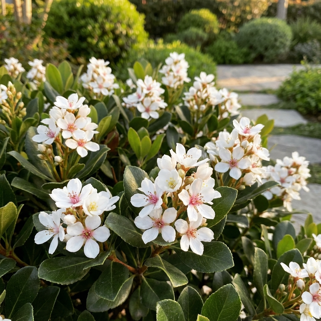 White flowers with pink centers bloom on Snow Maiden Indian Hawthorn (Rhaphiolepis indica 'Snow Maiden'), an evergreen shrub, brightening sunlit gardens with stone paths.