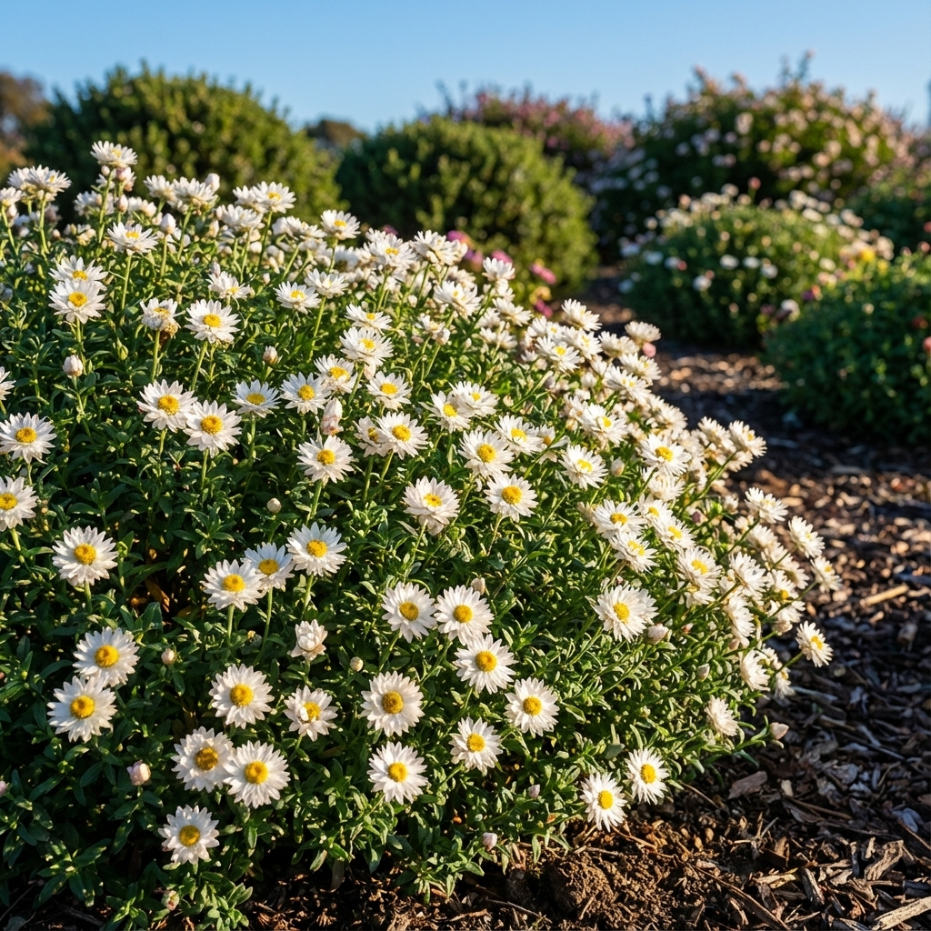 Rhodanthe ‘Sunray Snow’, an Australian native daisy, displays white papery blooms in garden beds under bright sun, thriving when mulched for moisture retention and a neat appearance.