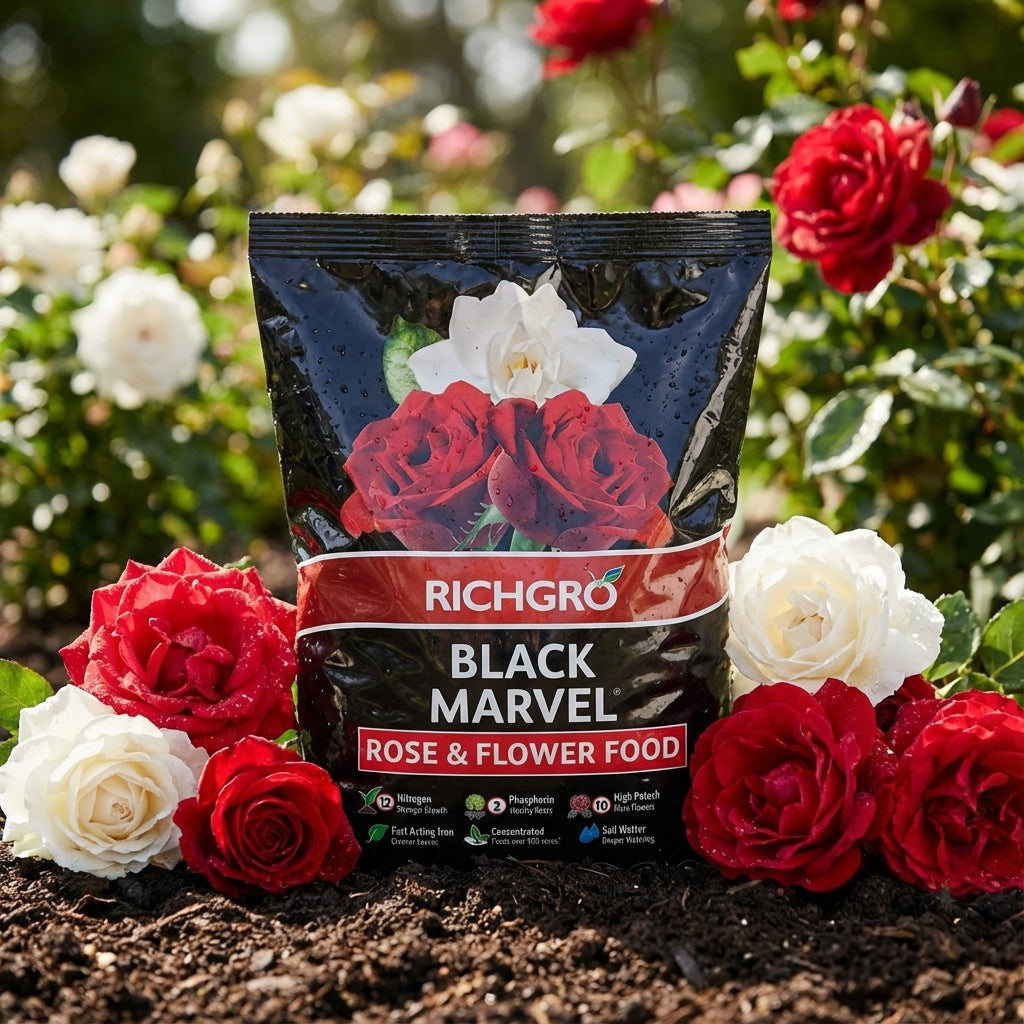 A 10kg bag of Richgro Black Marvel Rose And Flower Food sits among red and white roses in a garden, ideal for nourishing your blooms with premium fertiliser.