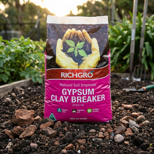 A 15kg bag of Richgro Natural Gypsum Clay Breaker, a soil improver, rests on garden soil with green plants in the background.