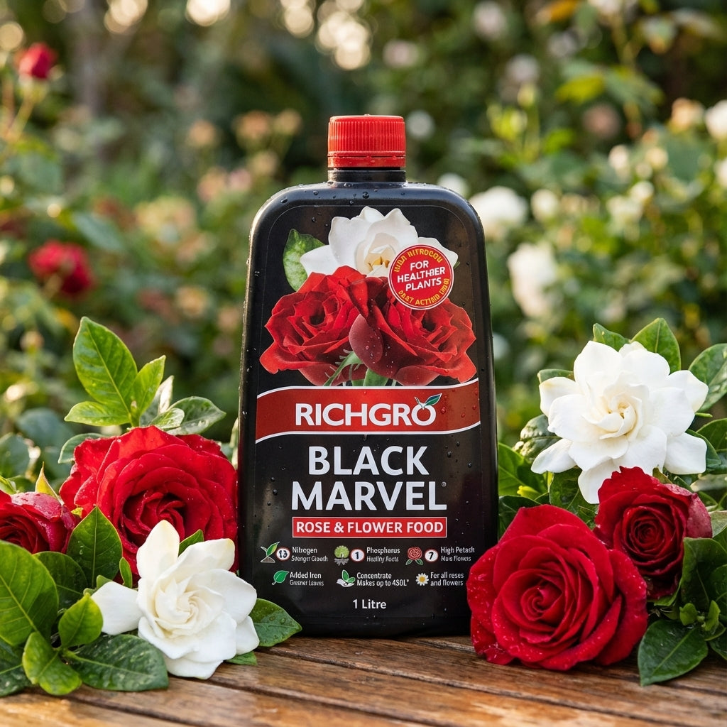 A bottle of Richgro 1L Black Marvel Rose & Flower Food Liquid Fertiliser Concentrate sits on a wooden surface surrounded by vibrant red and white roses.