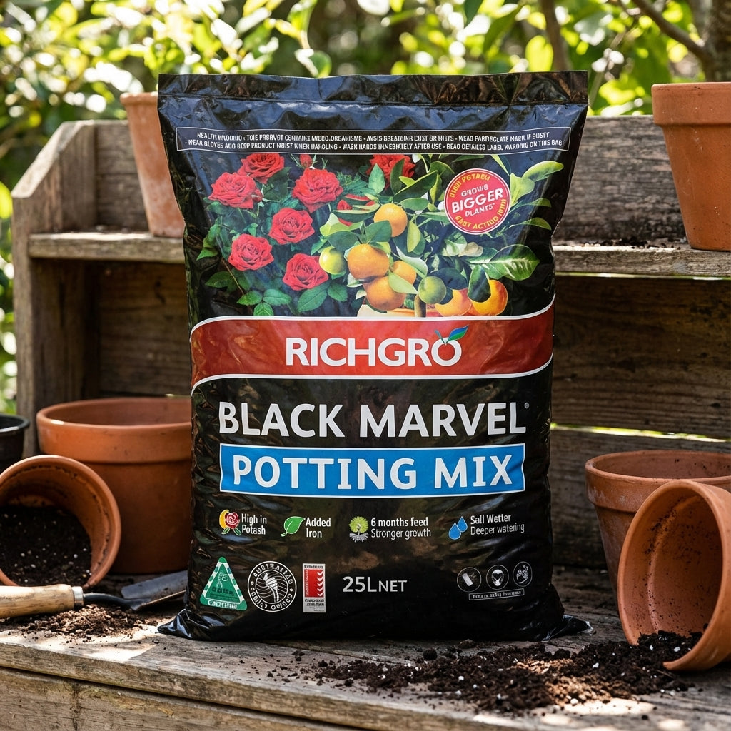 A 25L bag of Richgro Black Marvel Potting Mix sits on a wooden bench, surrounded by empty terracotta pots.