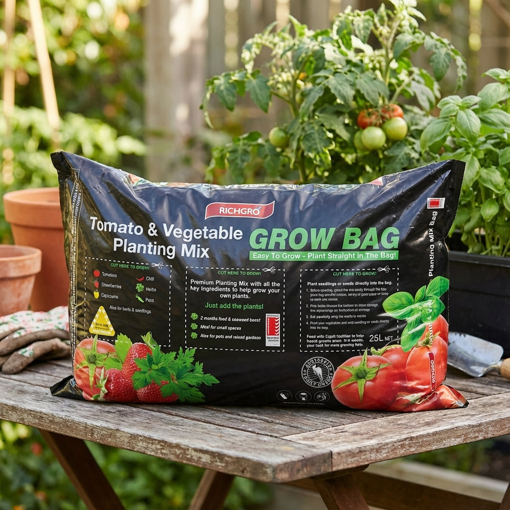 A Richgro 25L Premium Tomato and Vegetable Planting Mix Grow Bag rests on a wooden table in a garden, surrounded by potted plants and another grow bag.