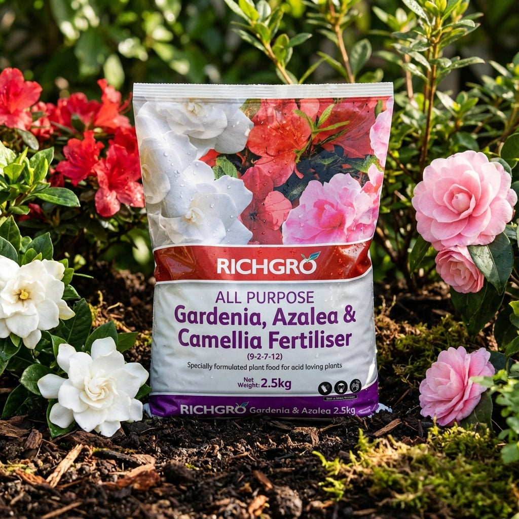 A 2.5kg bag of Richgro All Purpose Gardenia, Azalea and Camellia Fertiliser is set among blooming flowers in a garden, ideal for feeding your acid-loving plants.
