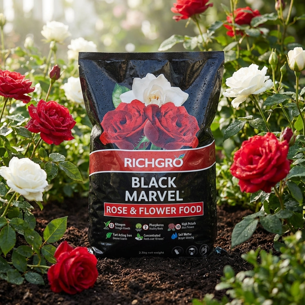 A 2.5kg bag of Richgro Black Marvel Rose And Flower Food, a high potash fertiliser, is placed among blooming red and white roses in a garden.