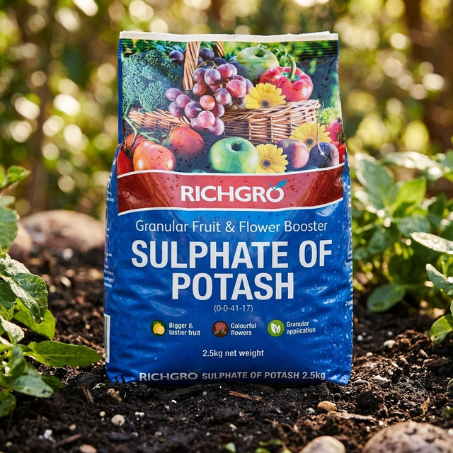 A 2.5kg bag of Richgro Granular Sulphate Of Potash sits among green garden plants.